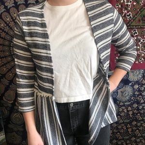 Blue and White Striped Cardigan with Lace Detail